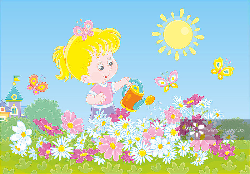 快乐的小女孩在浇五颜六色的花图片素材