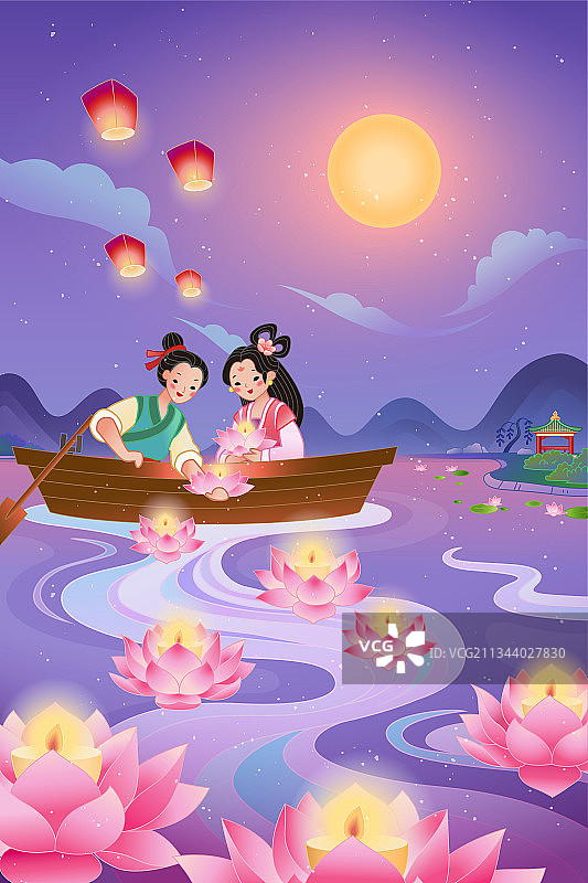 中国七夕插图 放荷花灯乘游船的牛郎织女图片素材