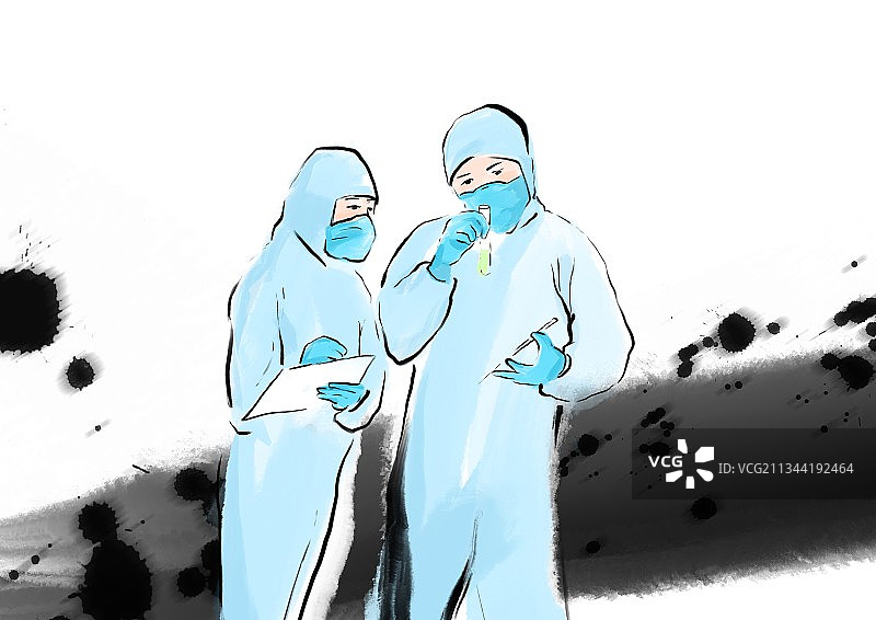 医疗抗击疫情一线工作人员水墨人物画图片素材