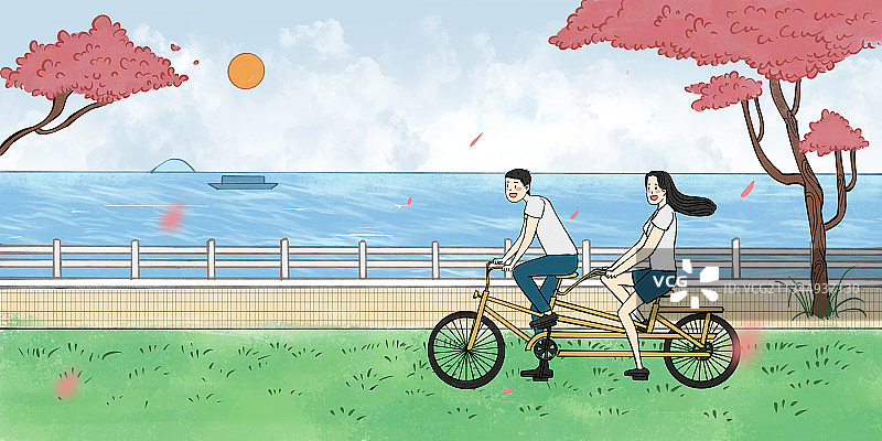 情侣在海边骑自行车图片素材