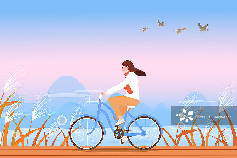 在湖边骑自行车的女孩矢量插画图片素材