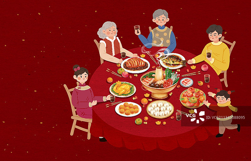 除夕春节一家人吃团圆饭插画海报图片素材
