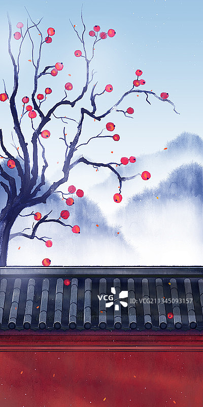 中国风秋天柿子树手绘插画图片素材
