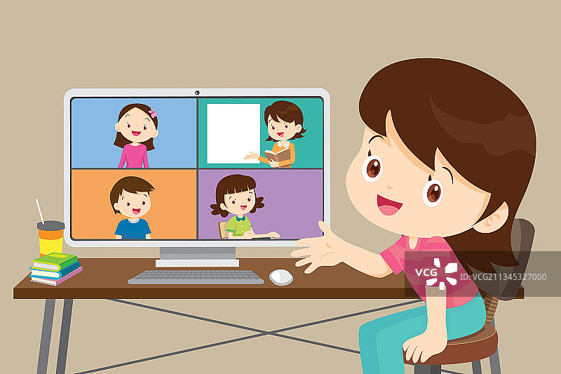 在线学习儿童女孩使用电脑图片素材