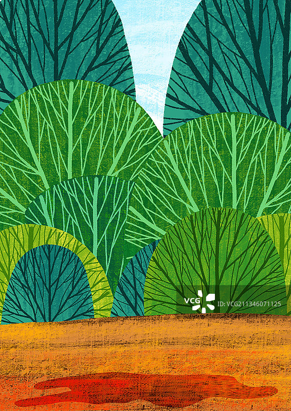 风景插画扁平风格-草地上的树木图片素材