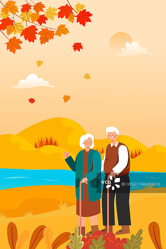两位老人欣赏秋天风景矢量插画图片素材