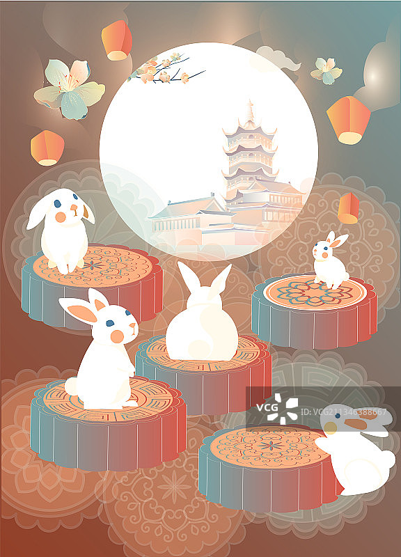 五只兔子站在月饼上望着月亮复古色矢量插画图片素材