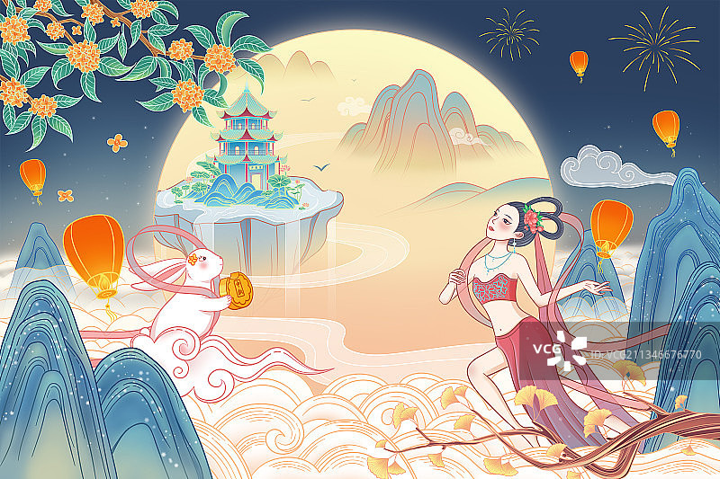 中秋节，月亮，玉兔，嫦娥，广寒宫，桂花，月饼，银杏，孔明灯图片素材