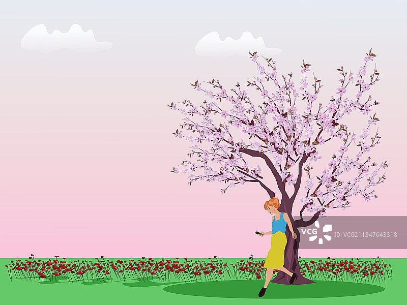 一个女人在樱桃树下玩手机图片素材