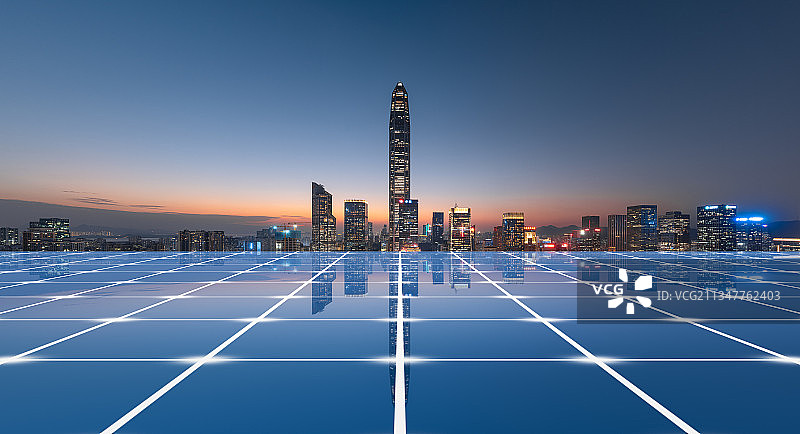 深圳天际线和抽象的城市通信网络图片素材