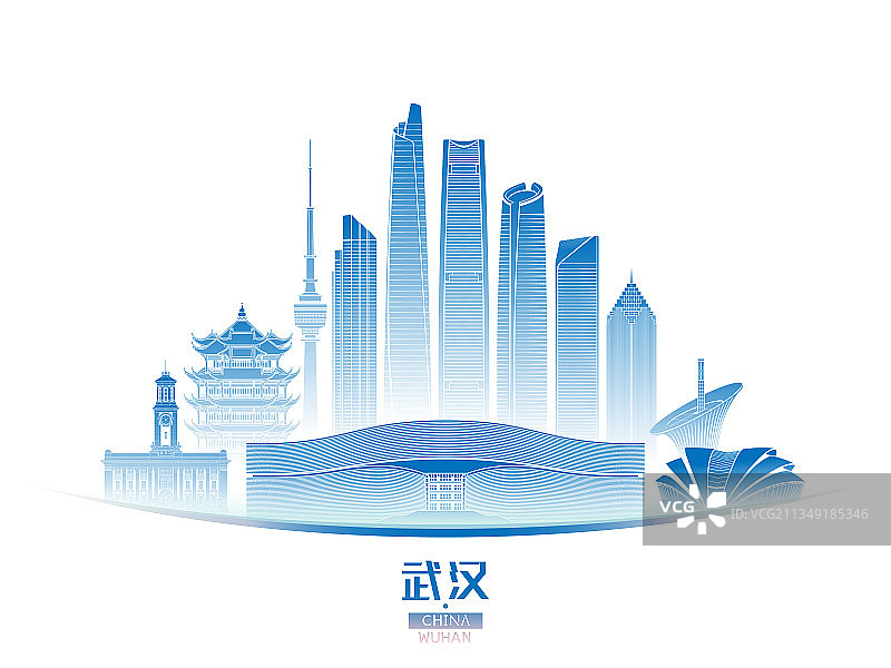 武汉城市建筑群天际线矢量插画海报图片素材