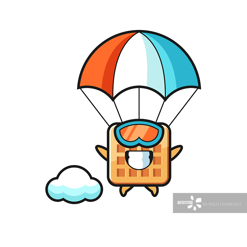 华夫吉祥物卡通是跳伞与快乐图片素材