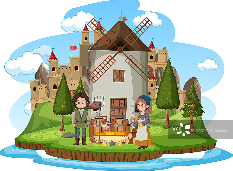 中世纪的房子，有风车和村民图片素材