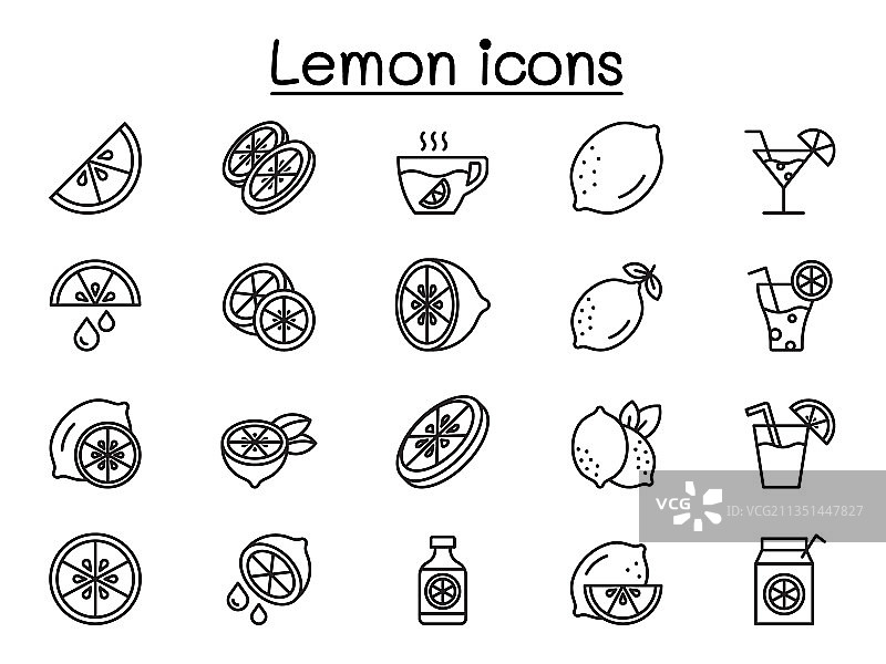 柠檬图标设置在细线风格图片素材