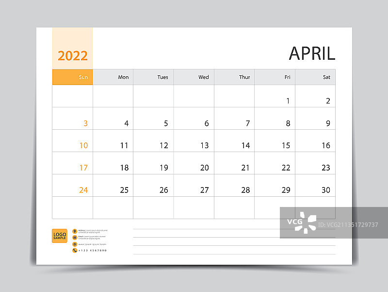 2022年每月日历模板- 4月图片素材
