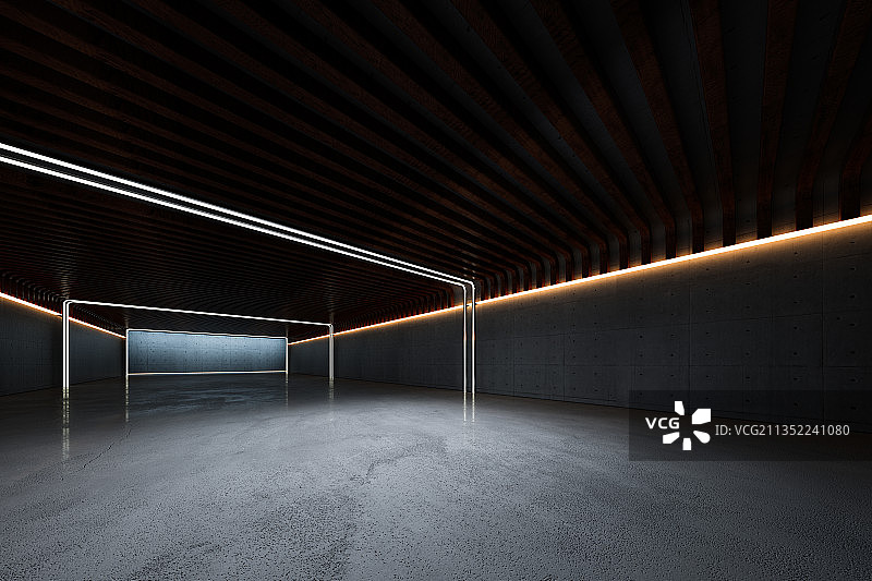 科技未来3D隧道走廊发光空间水泥背景图片素材
