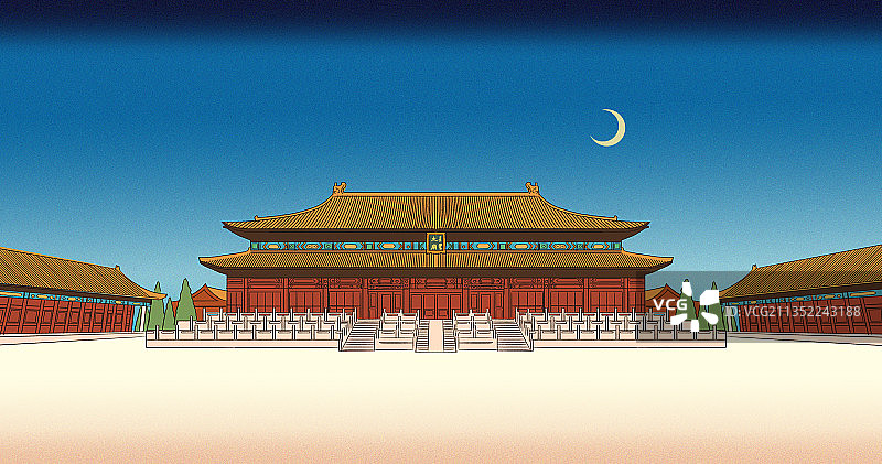 中国风新中式北京故宫太庙古风浮世绘风日系明清古建筑背景插画图片素材