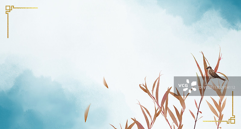 中式秋天蓝色植物鸟背景图片素材