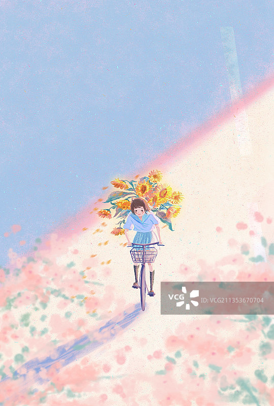 少女自行车向日葵插画图片素材