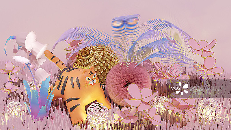 粉色花朵中的老虎图片素材