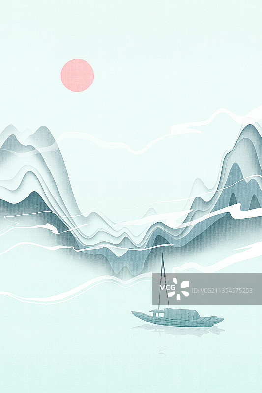 新中式山水风景插画图片素材