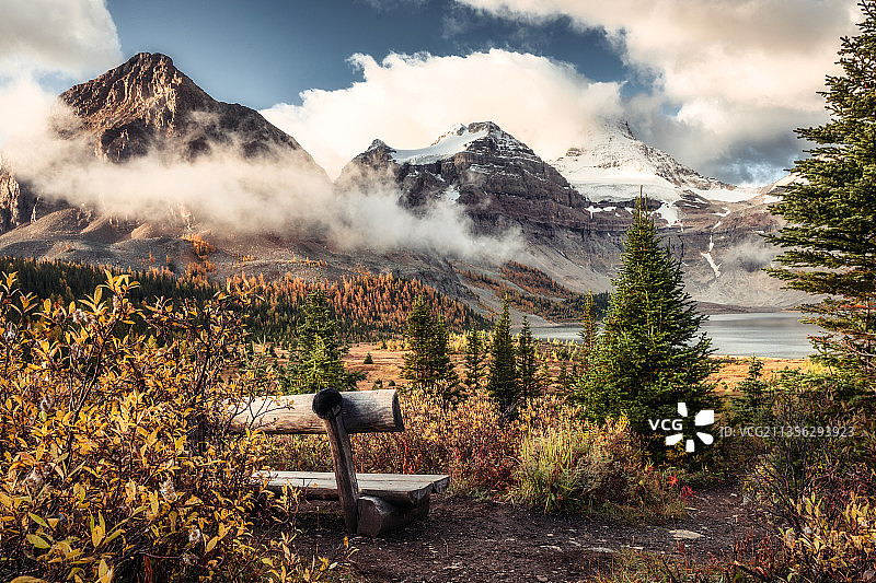 玛戈湖上的阿西尼布因山和秋天森林里的木椅，阿西尼布因山，加拿大图片素材
