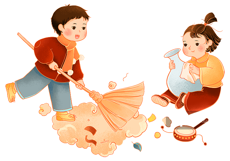 扫地的男孩与擦花瓶的女孩国潮插画图片素材