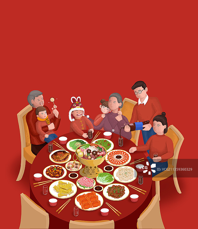 春节过年除夕团圆饭一家人过节插画海报图片素材