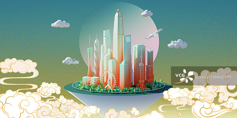 3D国潮漂浮城市建筑插画图片素材