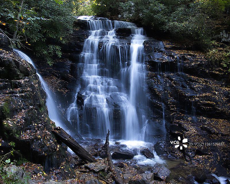 秋天的瀑布，森林瀑布的风景，麦琪山谷，北卡罗来纳州，美国，美国图片素材