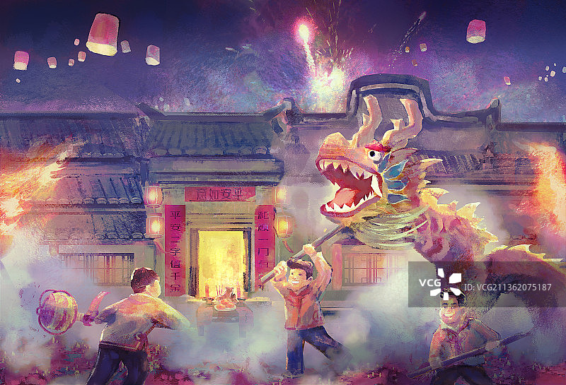 春节舞龙新年贺图中国风背景插画图片素材
