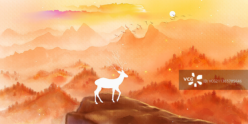 夕阳山水白鹿图片素材