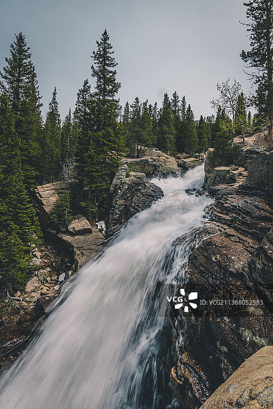 瀑布，美国科罗拉多州埃斯蒂斯公园，瀑布在天空下的森林景观图片素材