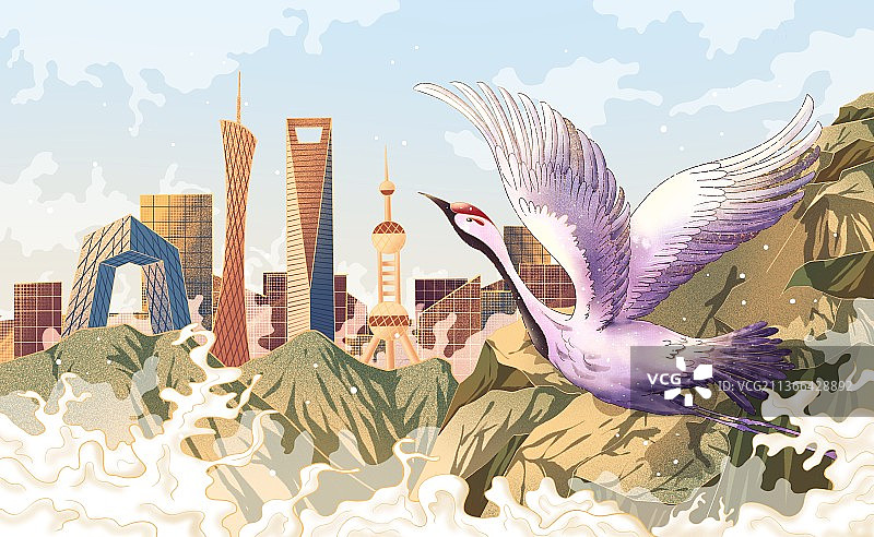 城市地标和仙鹤国潮插画图片素材