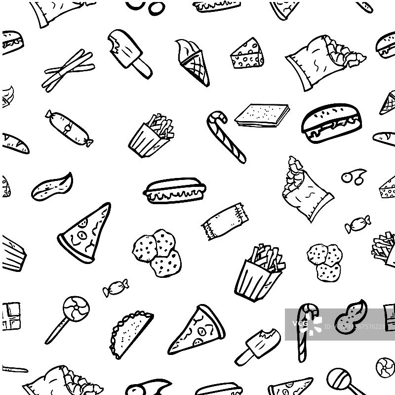 无缝手绘素描图案垃圾食品图标图片素材
