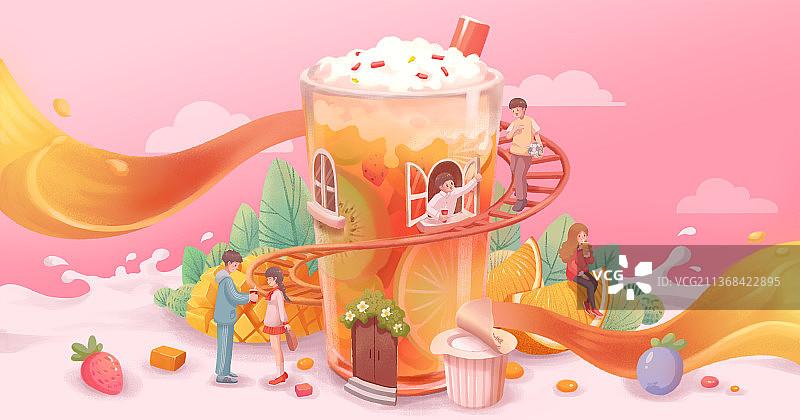创意奶茶店背景墙海报广告插画图片素材