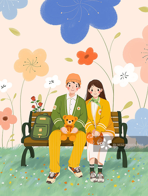 小清新插画坐在长椅上的浪漫情侣图片素材