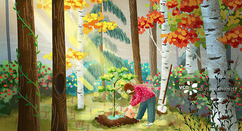 小女孩在树林里种树图片素材