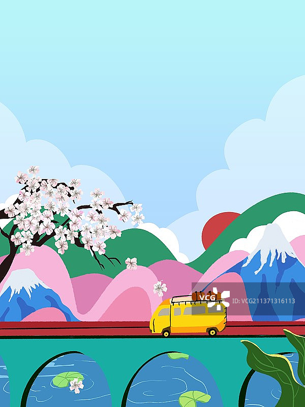 三月樱花季美丽的樱花春天出游旅游大巴车插画图片素材