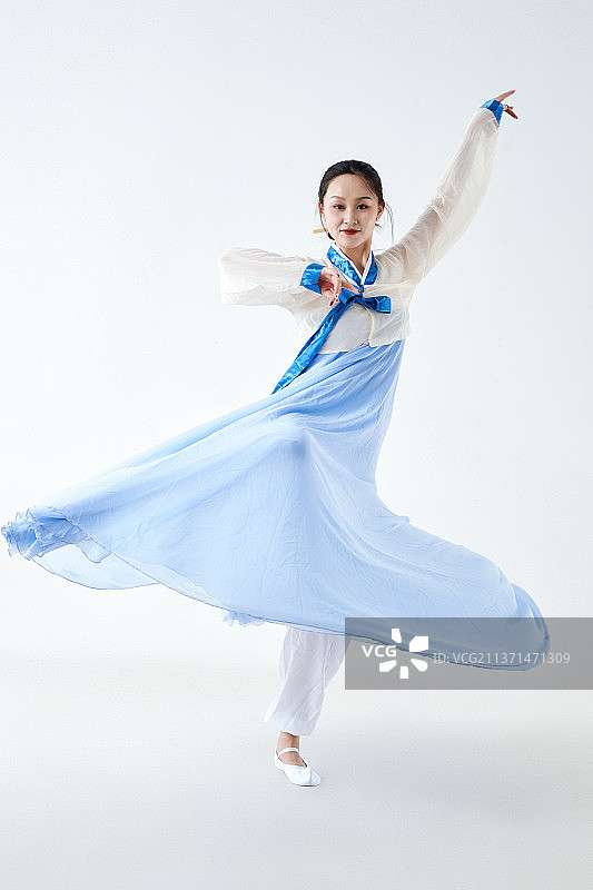 穿着中国朝鲜族传统服饰跳舞的少女图片素材