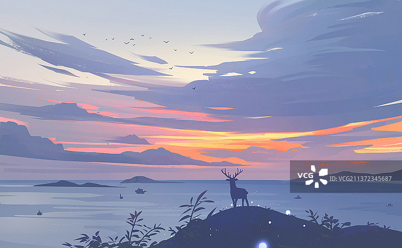 夕阳中鹿在高山上眺望远处的大海与云海图片素材
