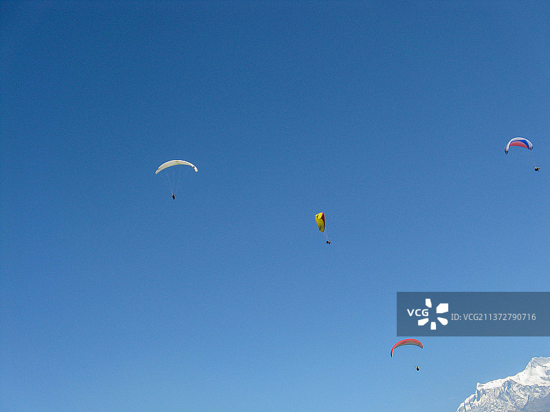 极限运动：尼泊尔博卡拉天空中漂浮的滑翔伞图片素材