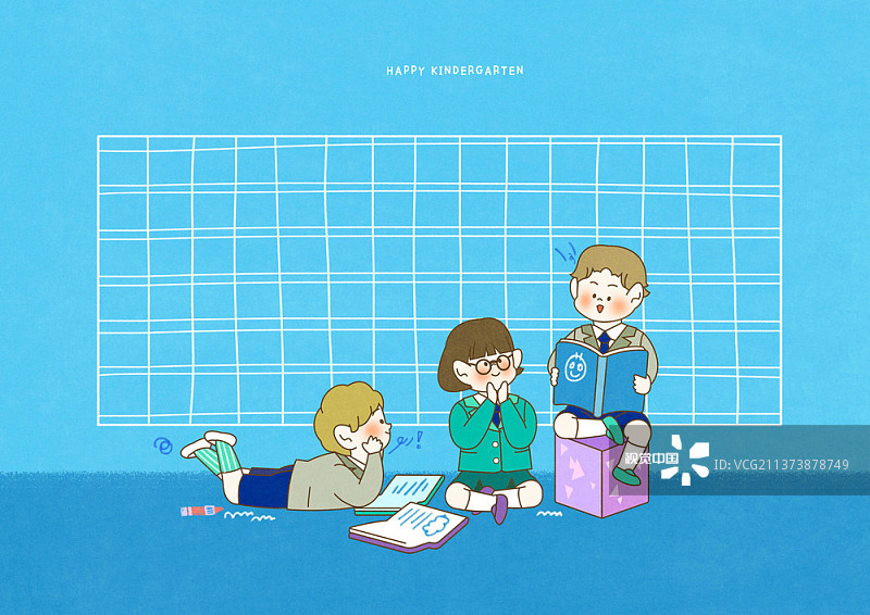 幼儿园小朋友在蓝色信纸背景上阅读的插图图片素材