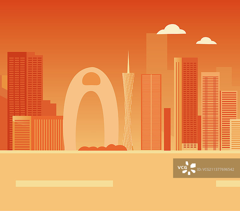 红色广州城市地标建筑组合矢量插画，国庆新年双十二元旦年终大促新庆典城市图片素材