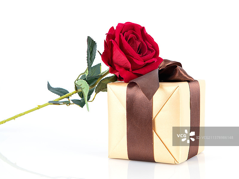 白背景上的礼物和一支红玫瑰图片素材