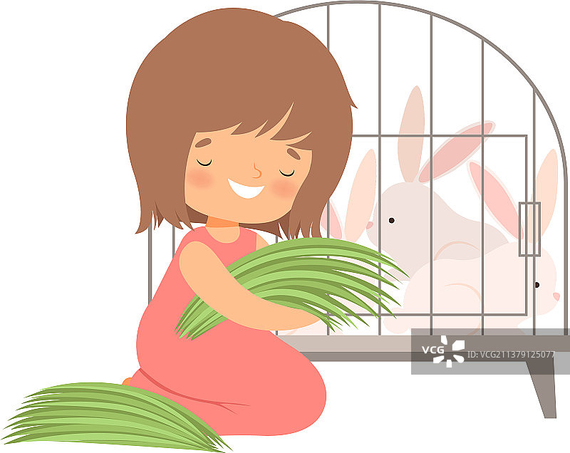 可爱的小女孩在笼子里喂兔子图片素材