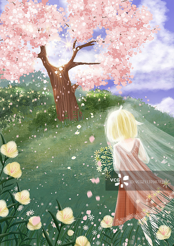 樱花树下的少女 肌理插画图片素材