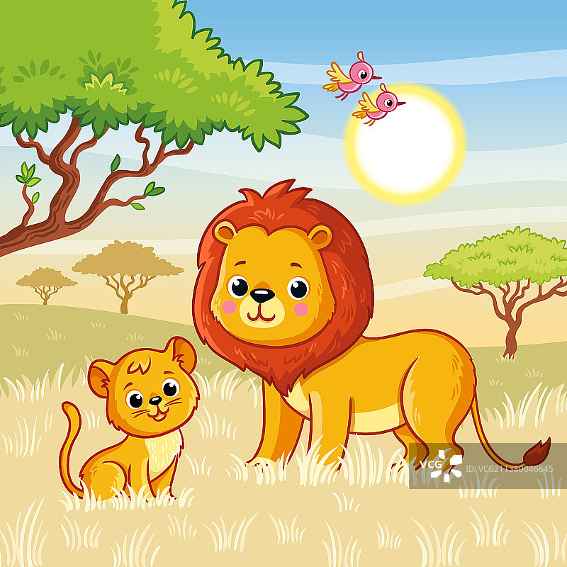 狮子和一只小狮子正站在草地上图片素材