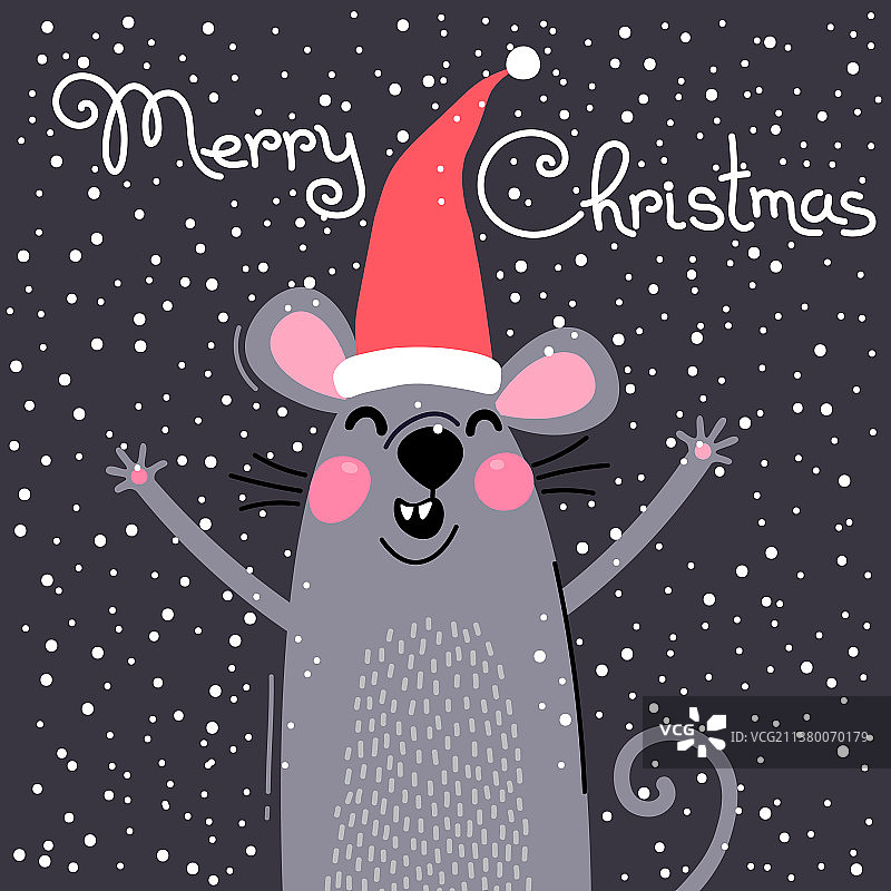戴着圣诞老人帽子的可爱灰老鼠祝圣诞快乐图片素材