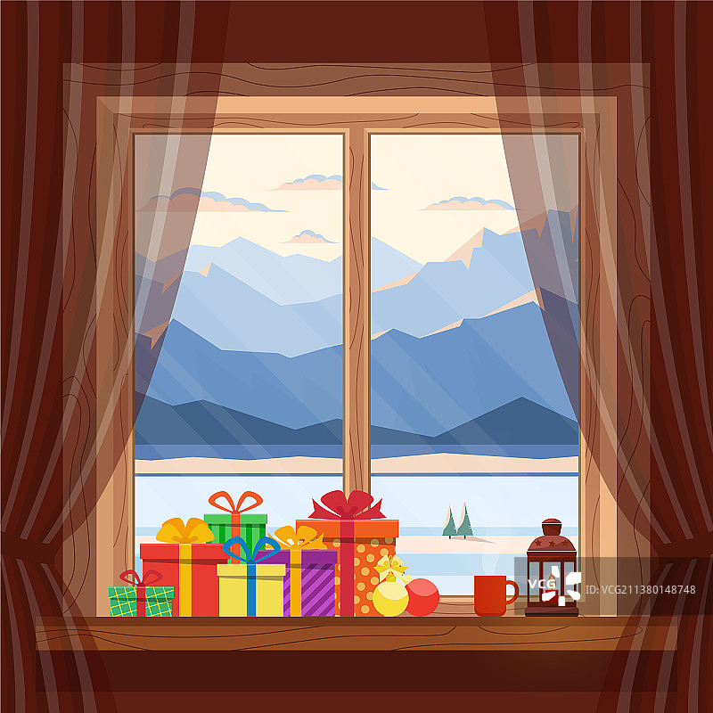 在舒适的家里窗户上的圣诞礼物图片素材